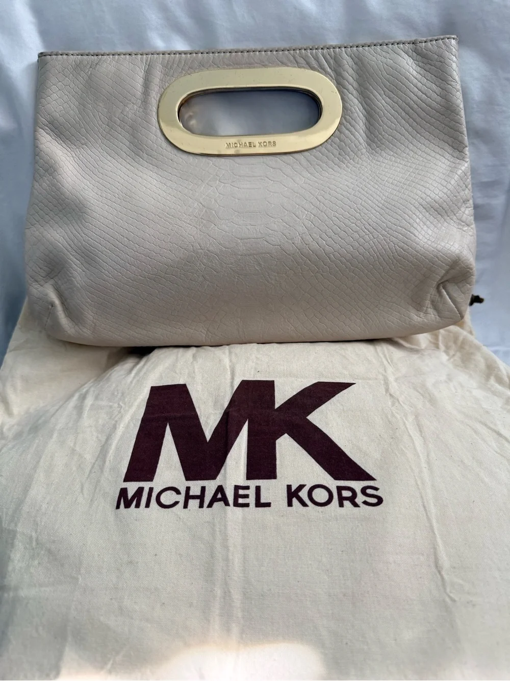 Michael Kors Ivory Leather Handheld Clutch with Gold-Tone Handle